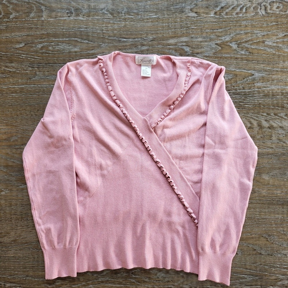 Foxcroft Womens Pink Silk Blend Ruffle V-Neck Faux Wrap Sweater Size S Small